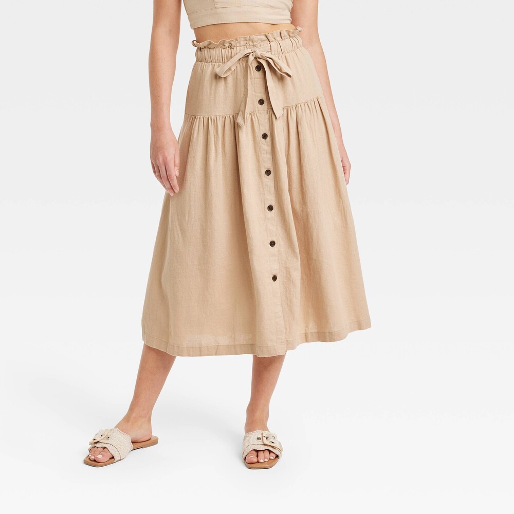 Tie Waist Button-Front Midi Skirt - Tan L